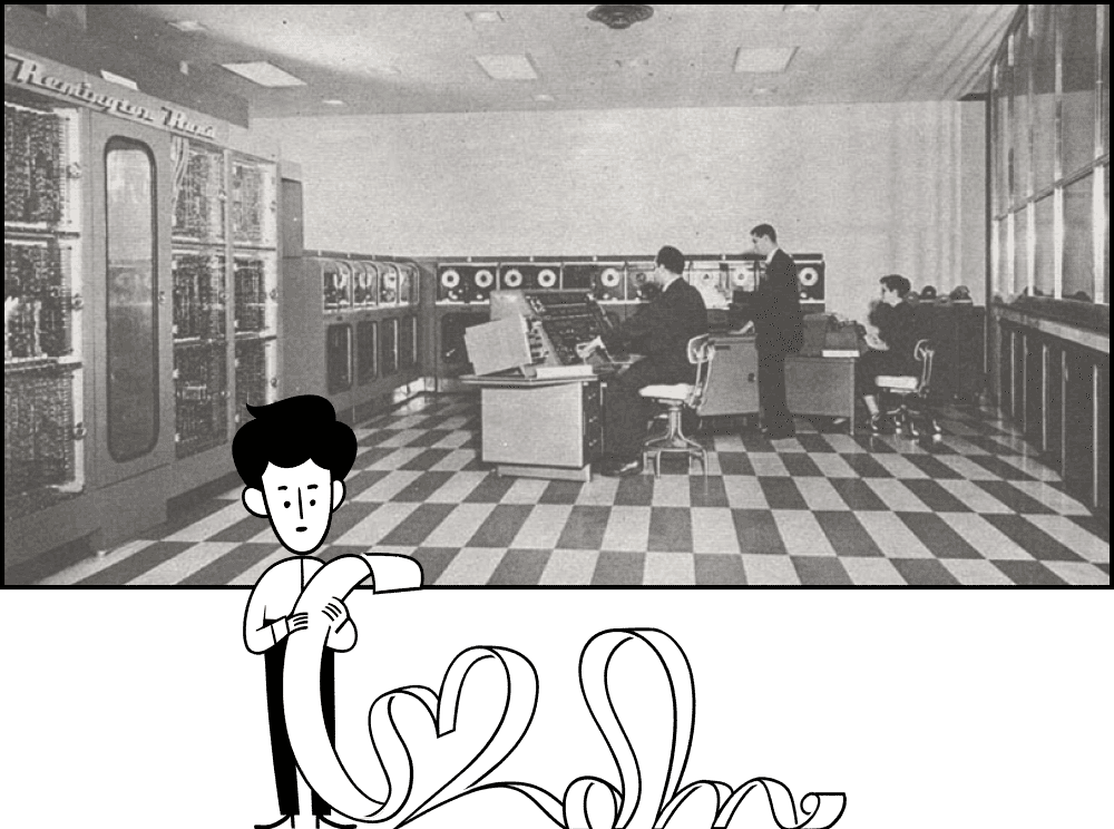 Foto de pessoas trabalhando em um grande computador em meados do século 20