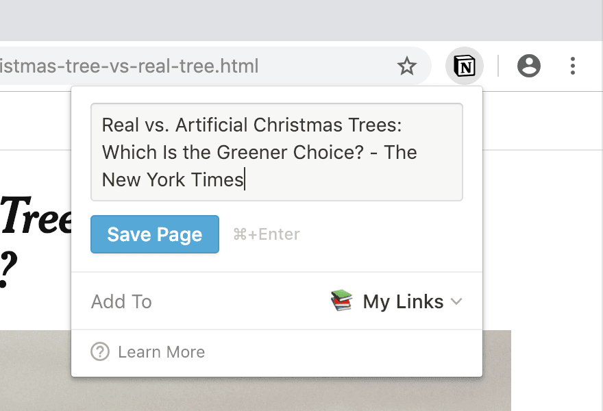 Captura de tela do Web Clipper do Notion em um navegador salvando uma página