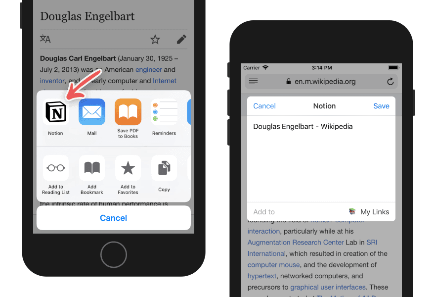 Captura de tela do Web Clipper do Notion no iOS em uma planilha de compartilhamento salvando uma página