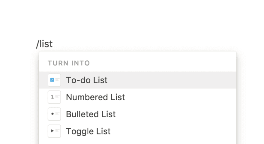 Captura de tela de um menu pop-up que aparece após uma barra, contendo texto de blocos que pode ser transformado em