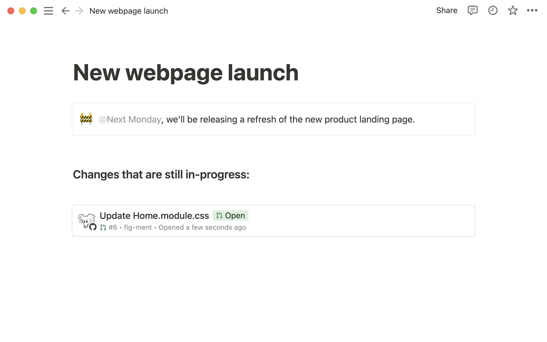 Get live updates right in Notion pages so your team stays up to date on tasks.