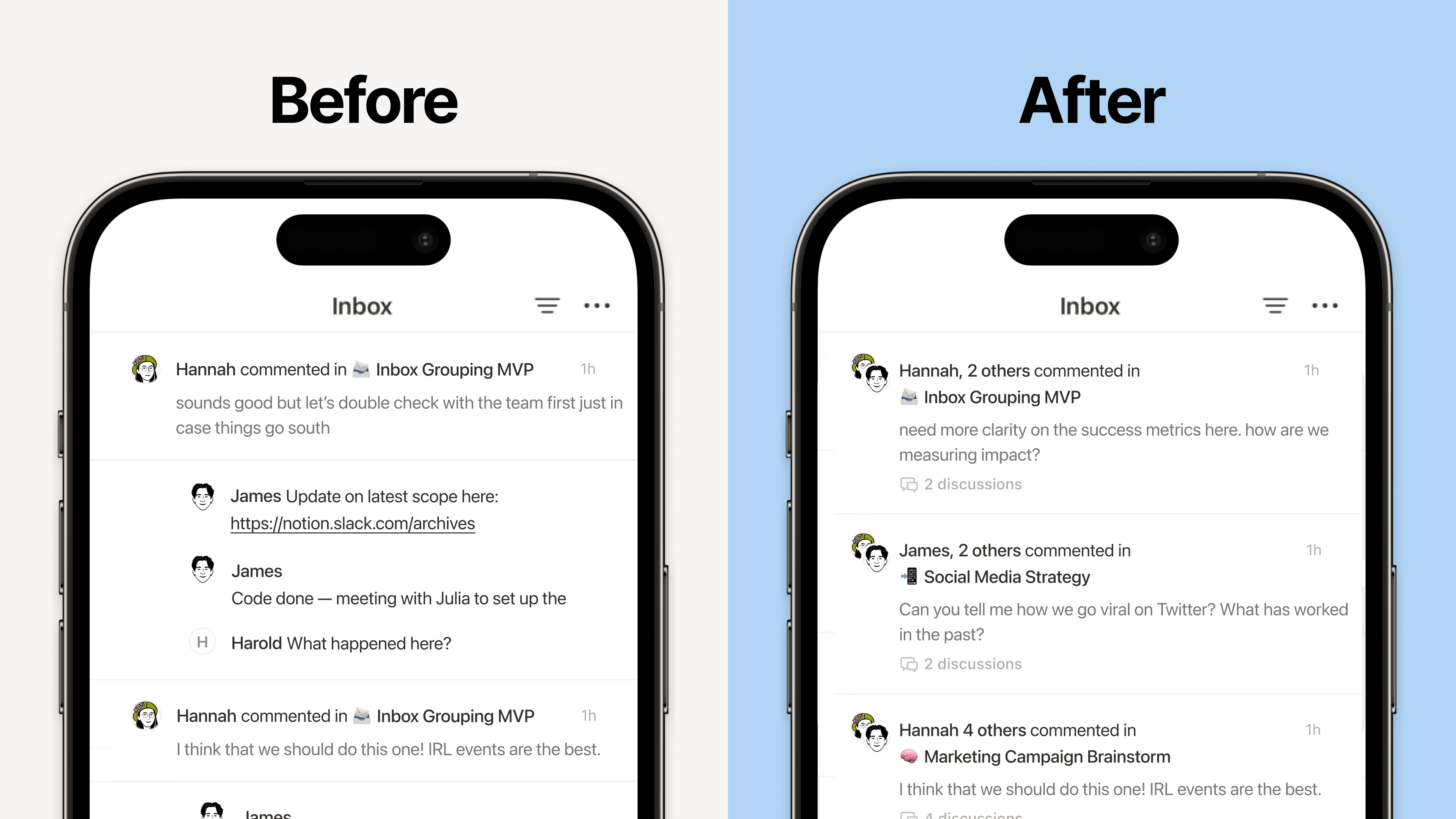 Las nuevas notificaciones agrupadas en tu bandeja de entrada ofrecen un diseño más compacto y fácil de leer. Podrás ver con más claridad lo que requiere tu atención y acceder rápidamente a los últimos comentarios.