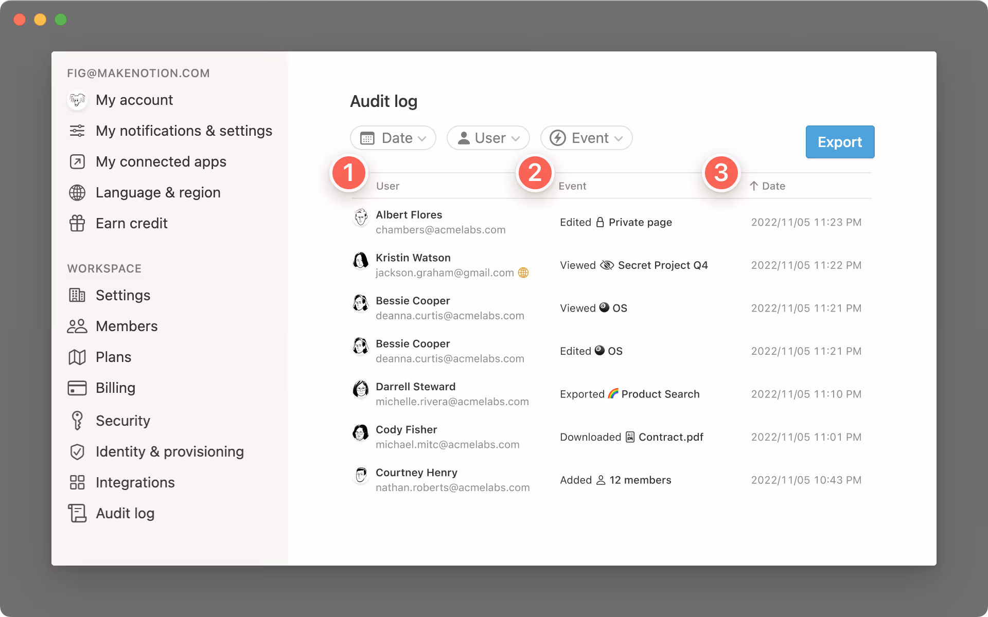 Info del registro de auditoría
