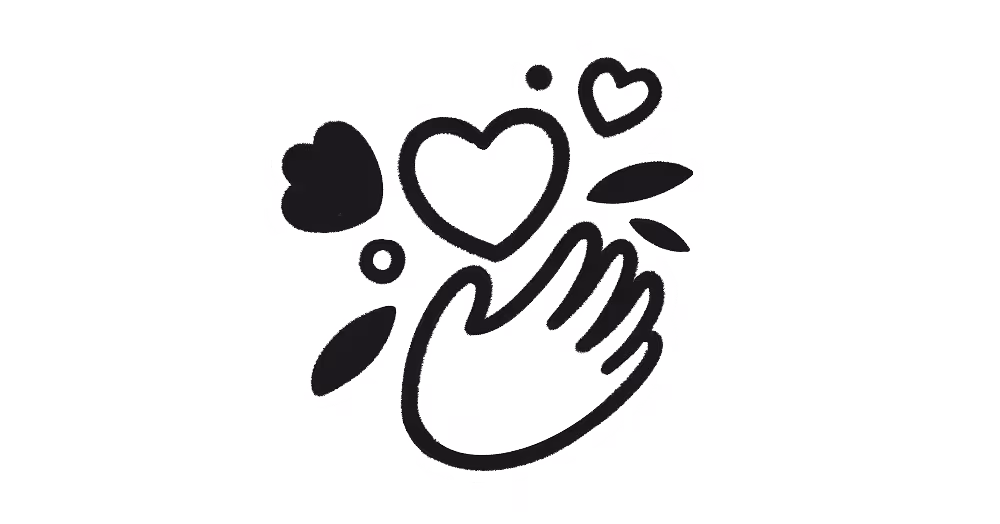 Ilustración en blanco y negro minimalista de una mano abierta con corazones flotando sobre ella.