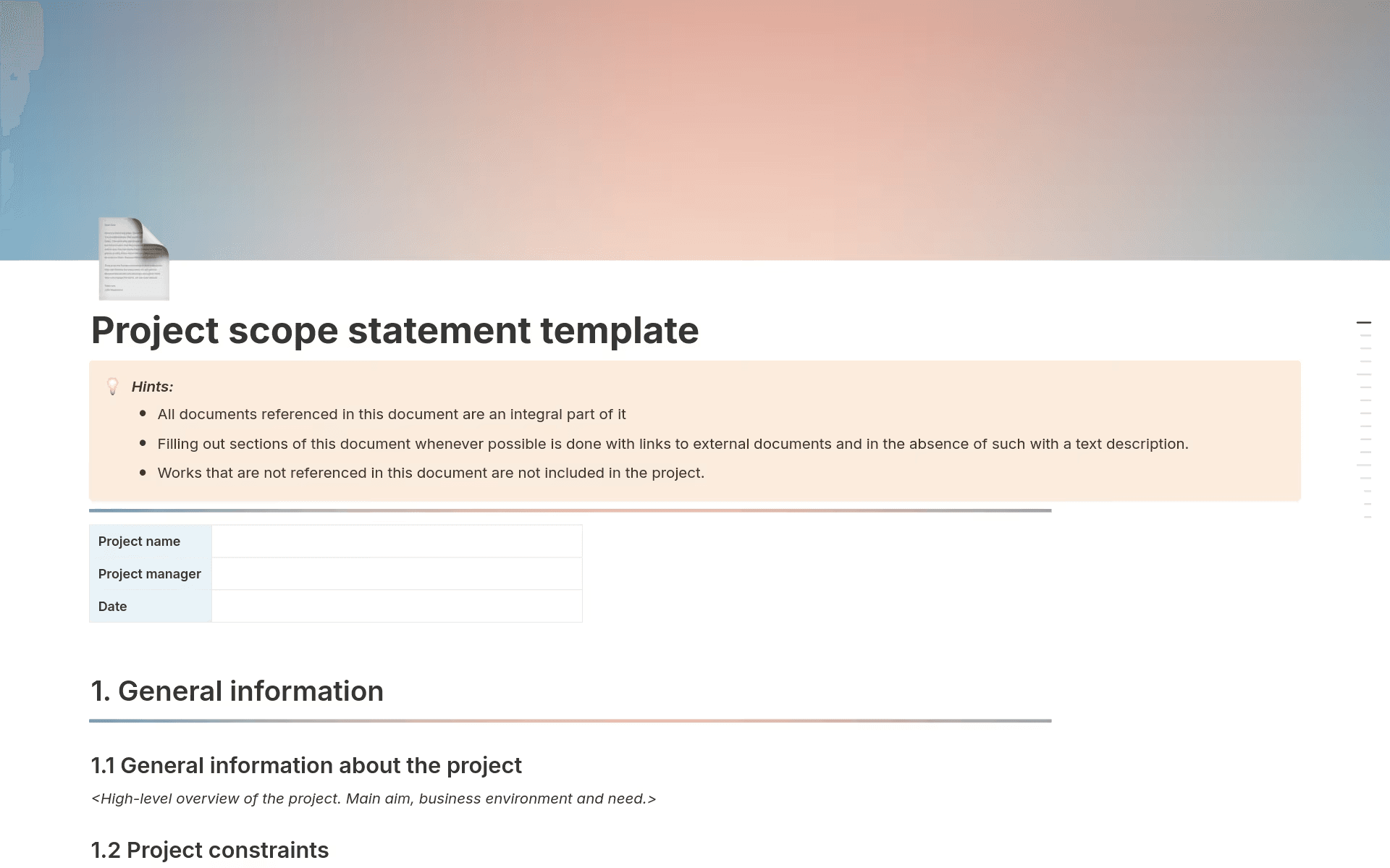 A project scope statement template in Notion that displays general information about the project