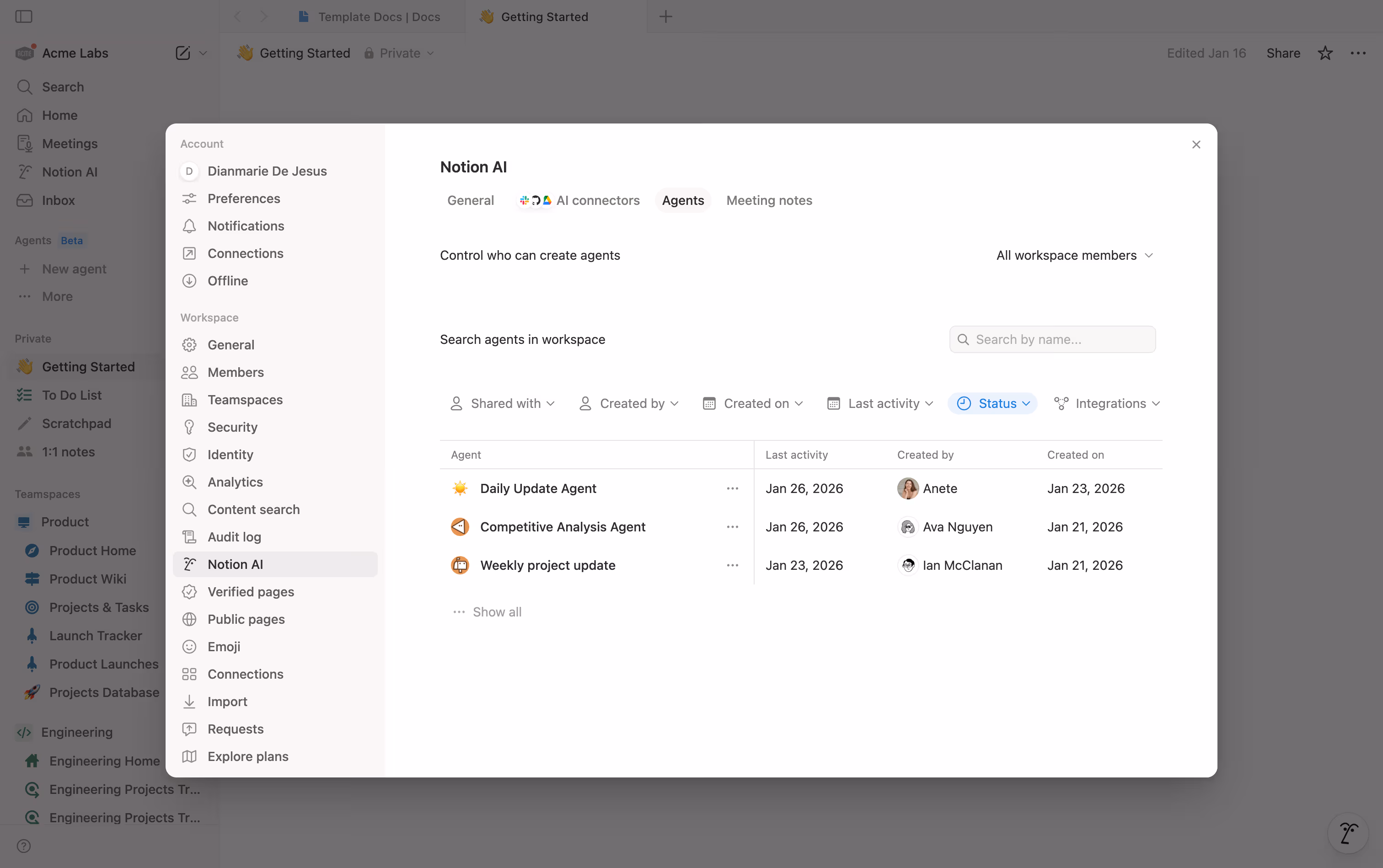 Image du répertoire des agents dans l’IA de Notion.