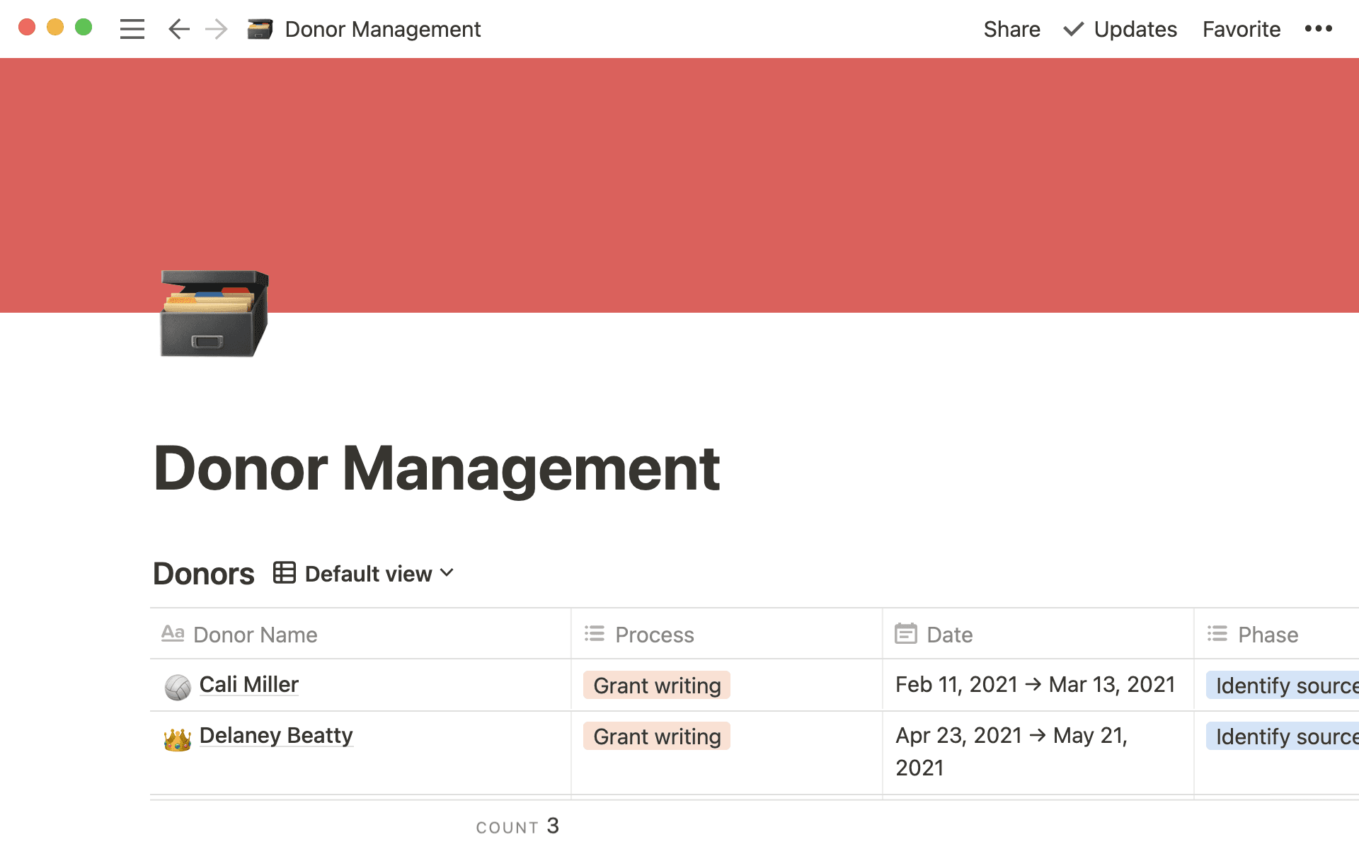 Vista de una base de datos con información detallada de cada donante.