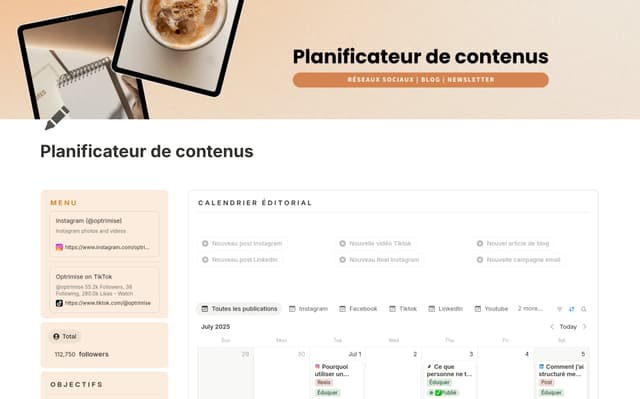 Calendrier éditorial - contenu réseaux sociaux