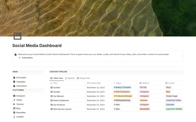 Notion Social Media Content Planner | Youtube | Newsletters | Instagram | Tik Tok